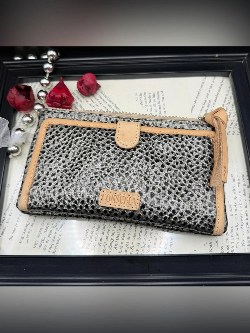 Consuela Wesley Silver and Black Pebbled Leather Wallet with Tan Trim and Snap
